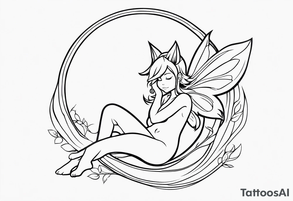 No color fairy with a tail inspired by the logo of the anime show called Fairy Tail in a fetal position leaning in and forward while sleeping tattoo idea