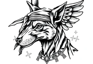 Egyptian Anubis god face muscle in Egypt style  with scarf on head

dog face surrounded Egyptian symbols based on elements tattoo idea