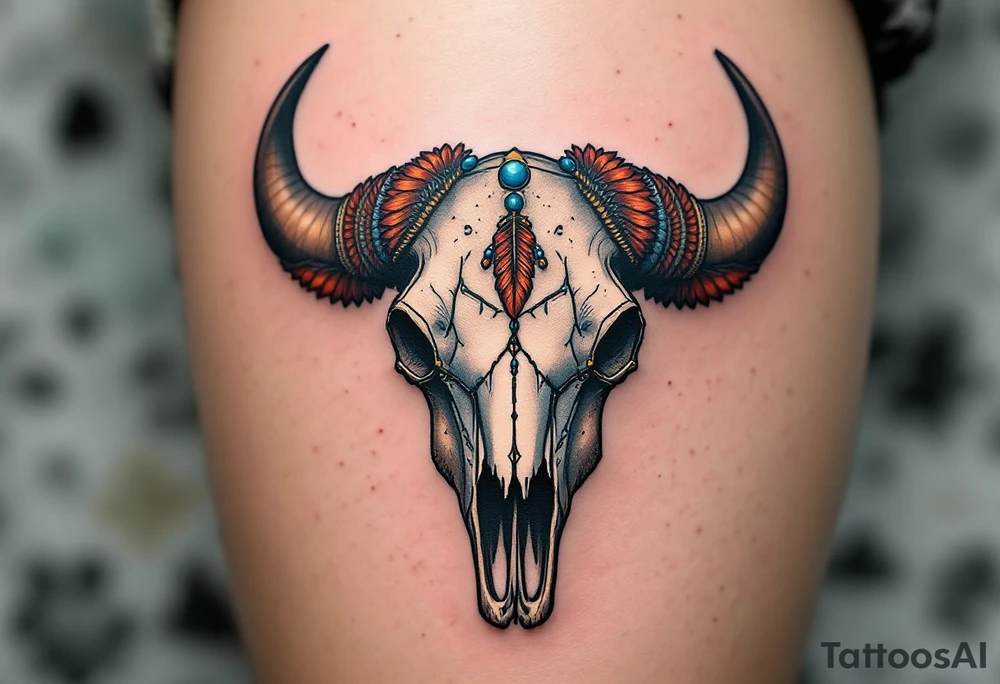 A buffalo skull in white bone with red feathers and blue beads, decorated in ceremonial style. tattoo idea