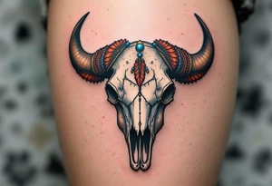 A buffalo skull in white bone with red feathers and blue beads, decorated in ceremonial style. tattoo idea