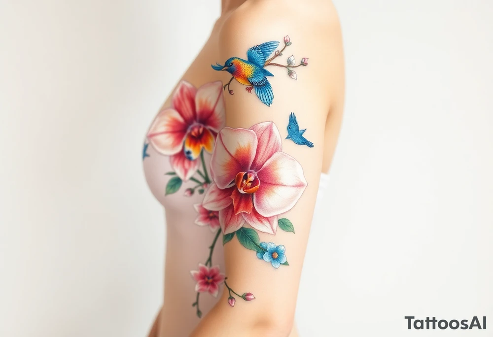 orchid flower ,  Coi fish and colorful birds tattoo idea