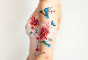 orchid flower ,  Coi fish and colorful birds tattoo idea