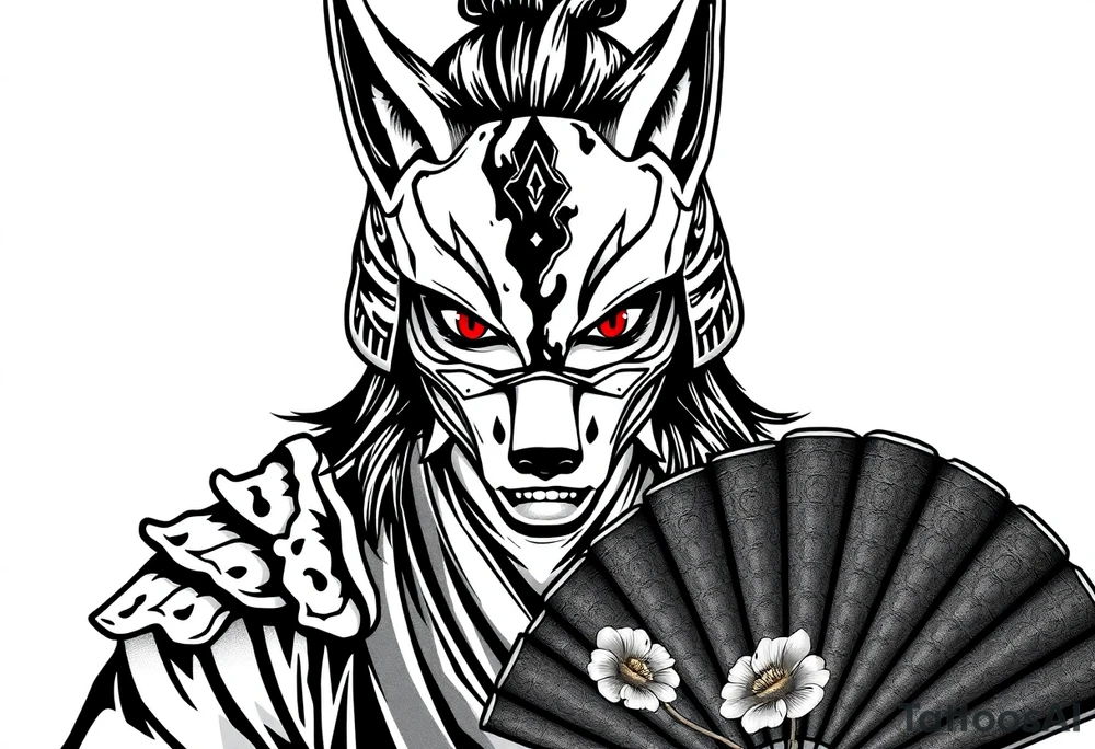 Woman samurai with red eyes, wearing an half and broken fox mask, wearing a japanese fan with irises. tattoo idea