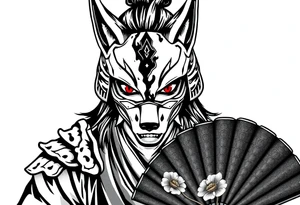 Woman samurai with red eyes, wearing an half and broken fox mask, wearing a japanese fan with irises. tattoo idea