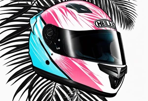 Formula 1 helment with a palm tree and black pink and light blue color tattoo idea