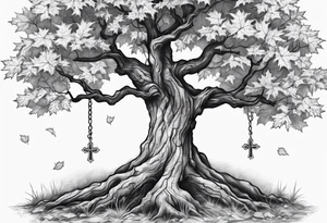 A maple tree with branches and a cross combined into the trunk. tattoo idea