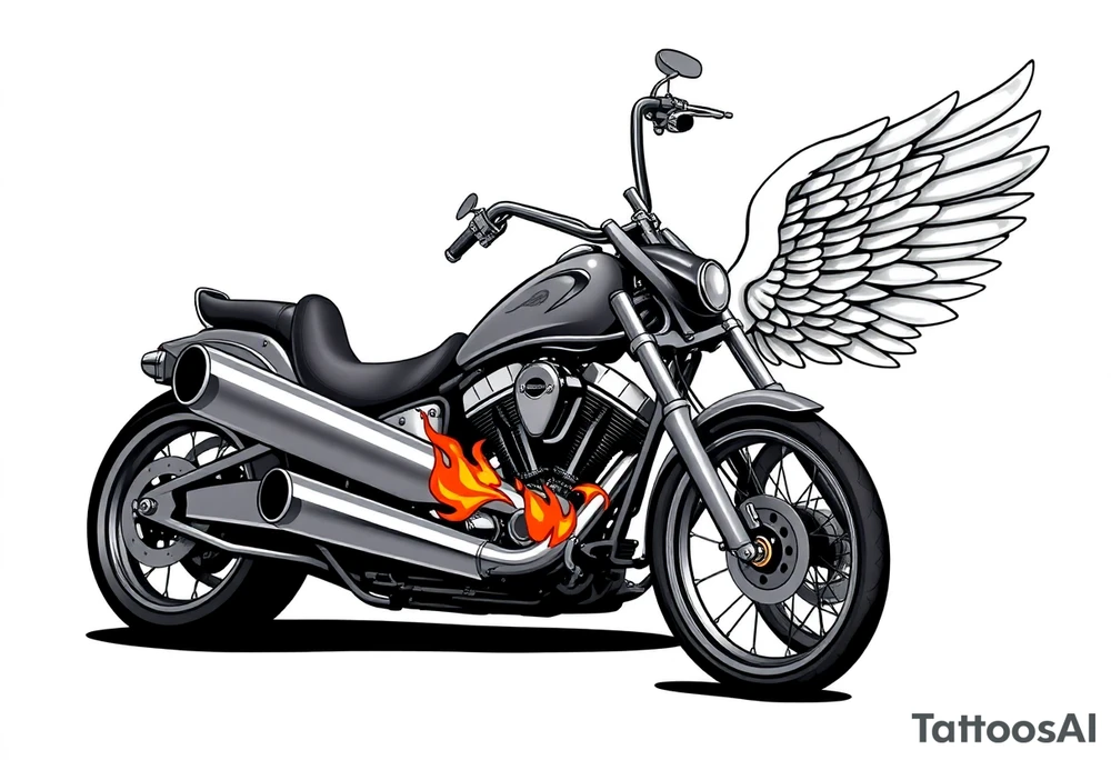 Low rider grey motorcycle, big muffler pipes with flames, angel wings, driving away, no person tattoo idea