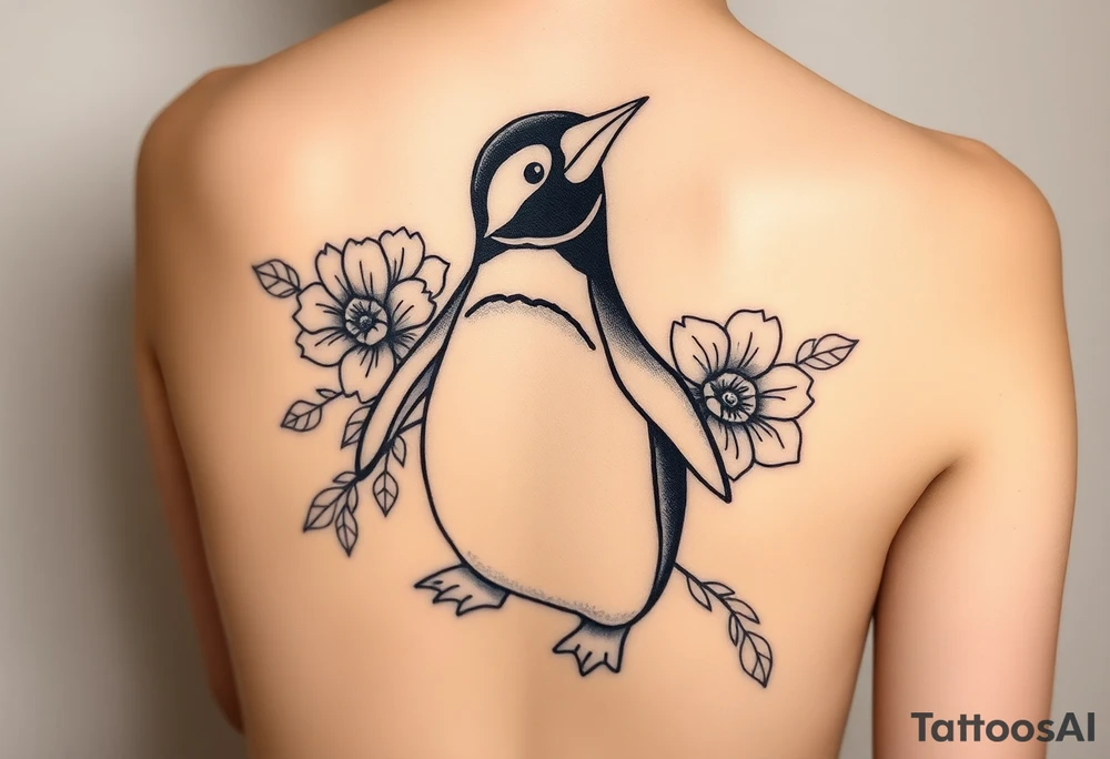 Flowers with a cute penguin with a c in the belly tattoo idea
