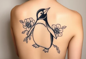 Flowers with a cute penguin with a c in the belly tattoo idea