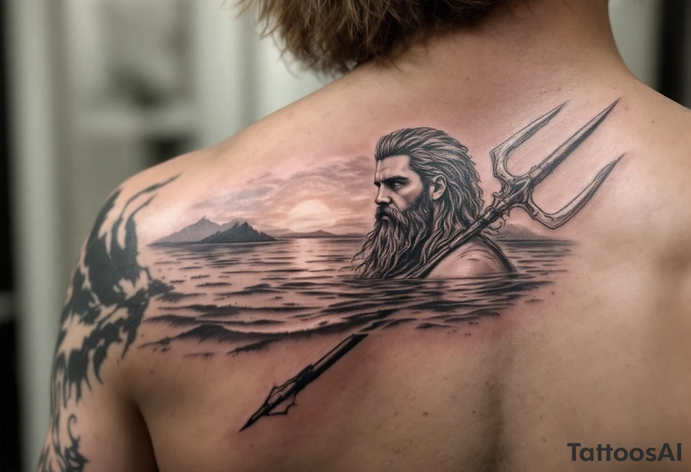 trident with Poseidon half way under calm water at sunset tattoo idea