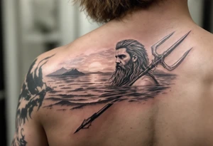 trident with Poseidon half way under calm water at sunset tattoo idea