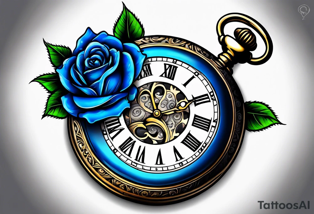 Pocket watch with blue roses tattoo idea