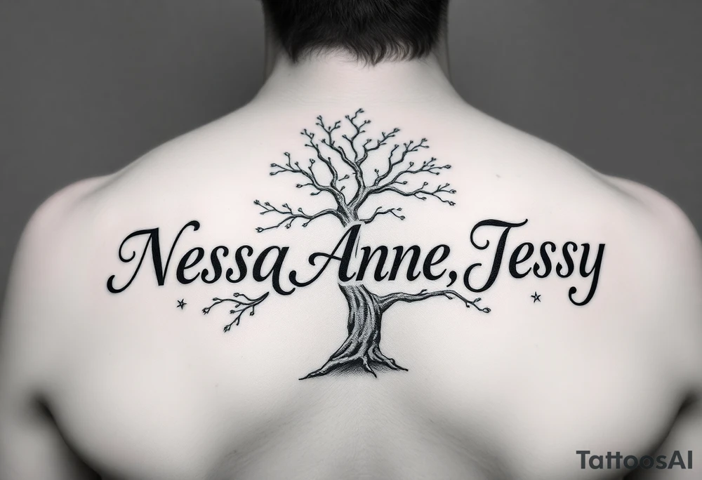 the name Nessa, Anne, Jessy
 on a live tree tattoo idea