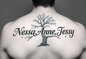 the name Nessa, Anne, Jessy
 on a live tree tattoo idea