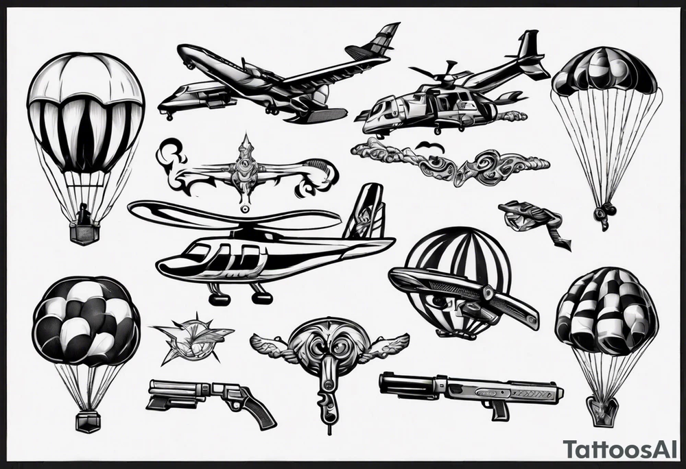skydiving and shooting guns on the forearm tattoo idea