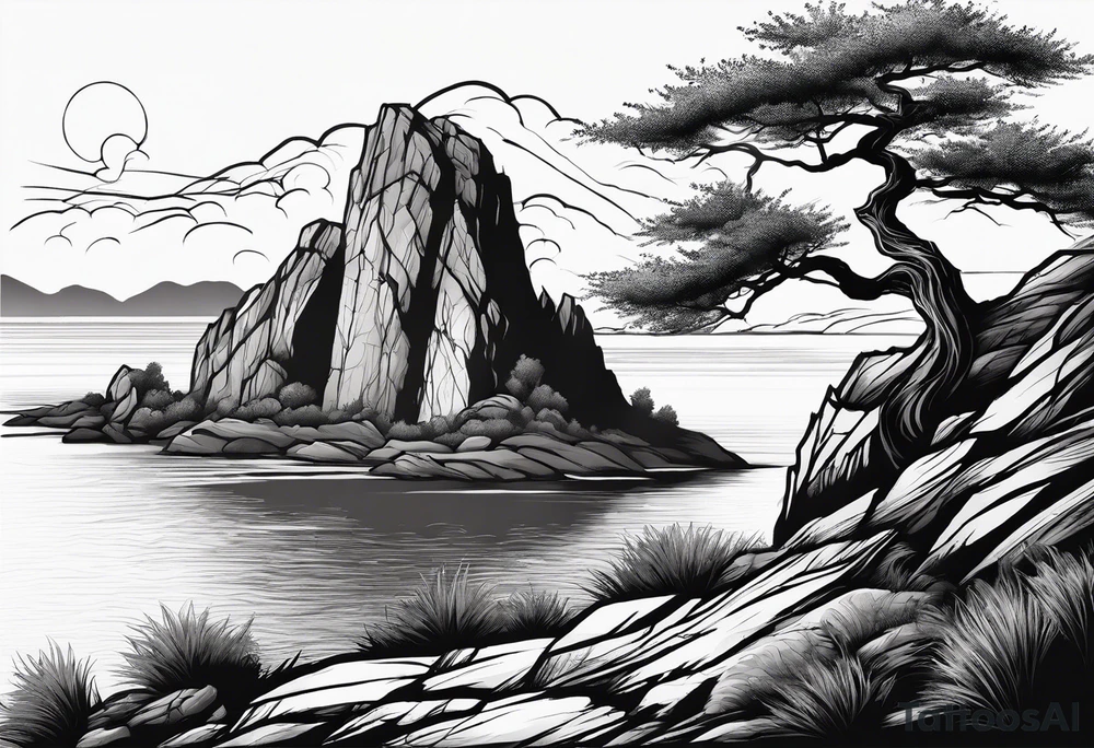 Sleeve tattoo windswept tree before lake with low rock face on another side of the ridge. tattoo idea
