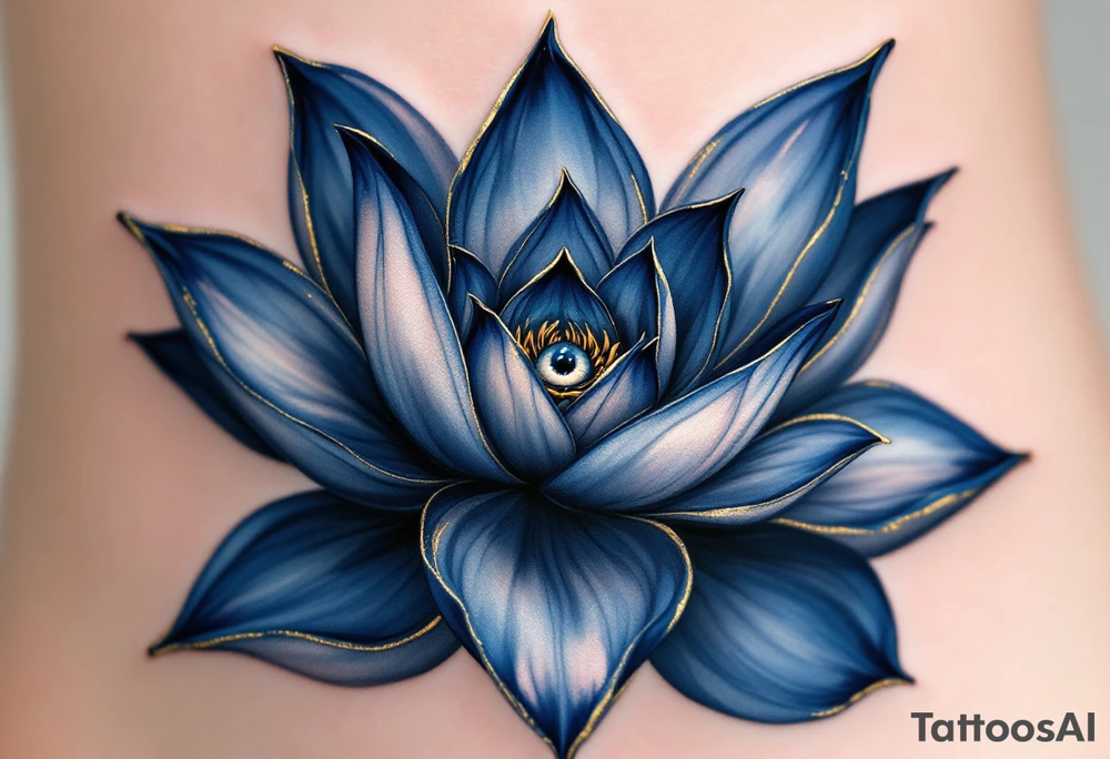 A deep indigo lotus flower with a central eye and subtle gold highlights around the petals. tattoo idea