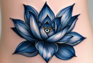 A deep indigo lotus flower with a central eye and subtle gold highlights around the petals. tattoo idea