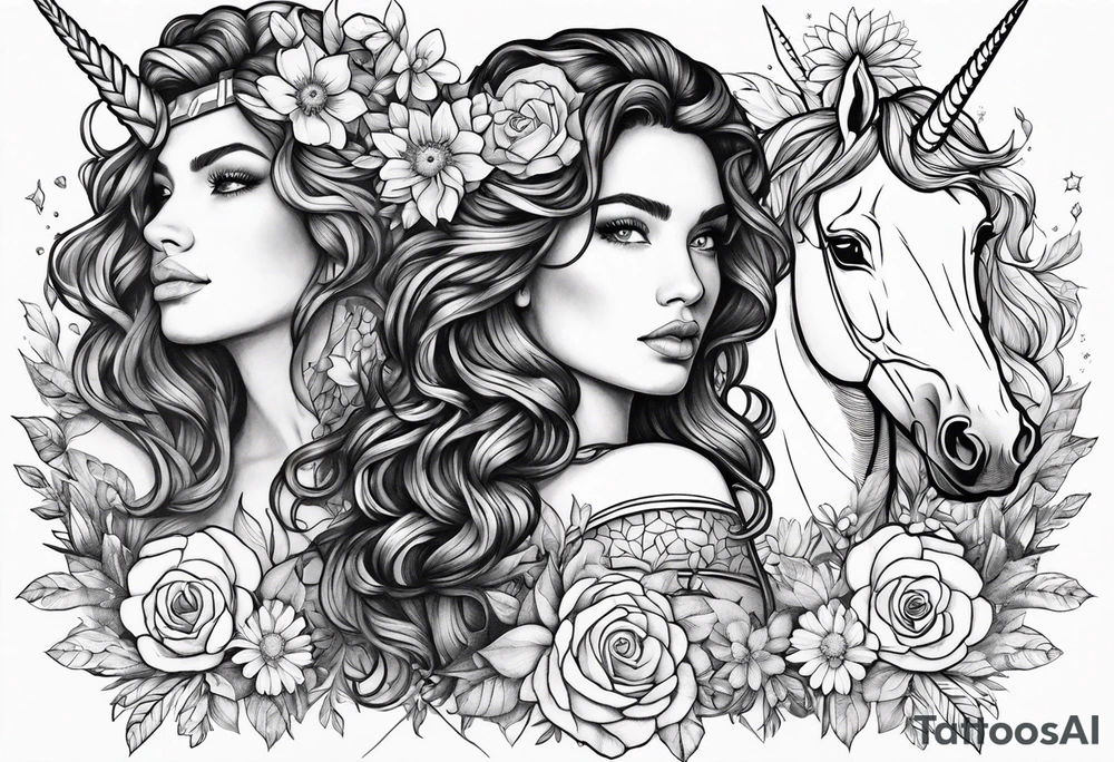 wildflowers and unicorn and warrior curly hair princess half sleeve arm tattoo idea