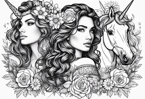 wildflowers and unicorn and warrior curly hair princess half sleeve arm tattoo idea
