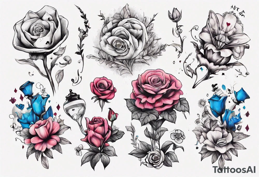 bouquet of Alice in wonderland flowers tattoo idea