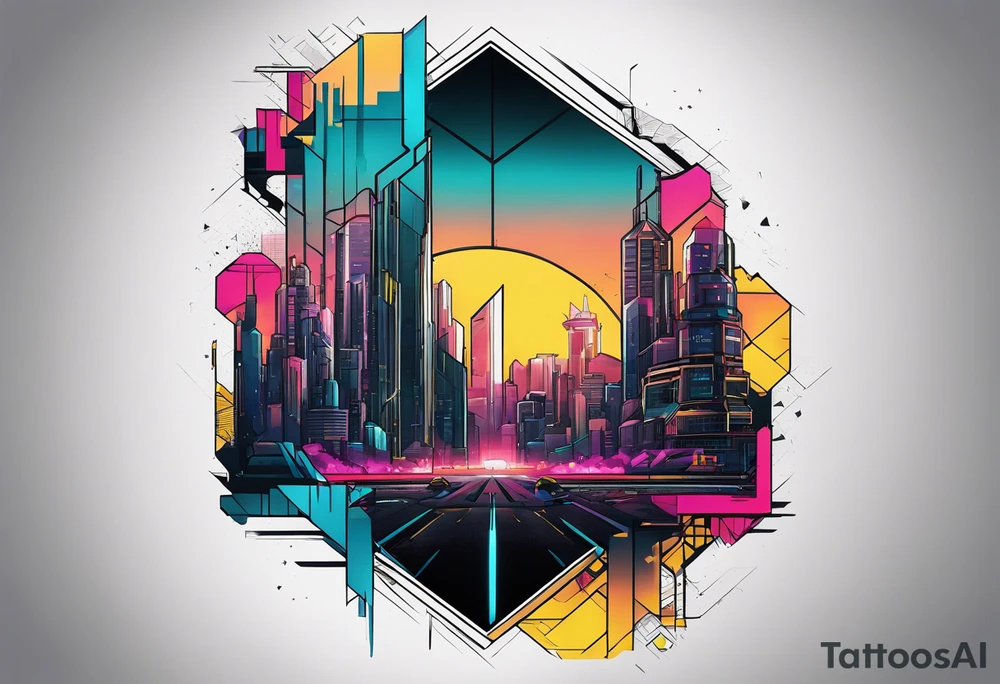 cyberpunk 2077, forearm tattoo, geometric, subtle, men, city skyline, bright colour, tattoo idea