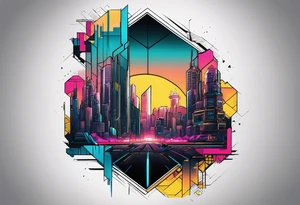 cyberpunk 2077, forearm tattoo, geometric, subtle, men, city skyline, bright colour, tattoo idea