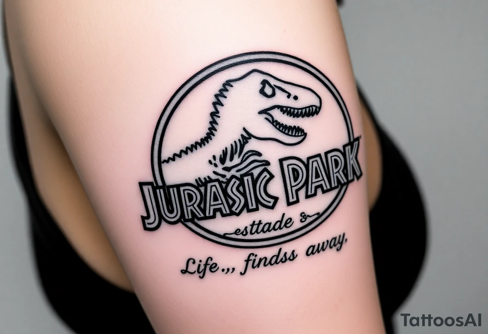 Jurassic Park logo with the dinosaur holding a big stick but with "Life, uh, finds a way" instead of the words "Jurassic Park" tattoo idea