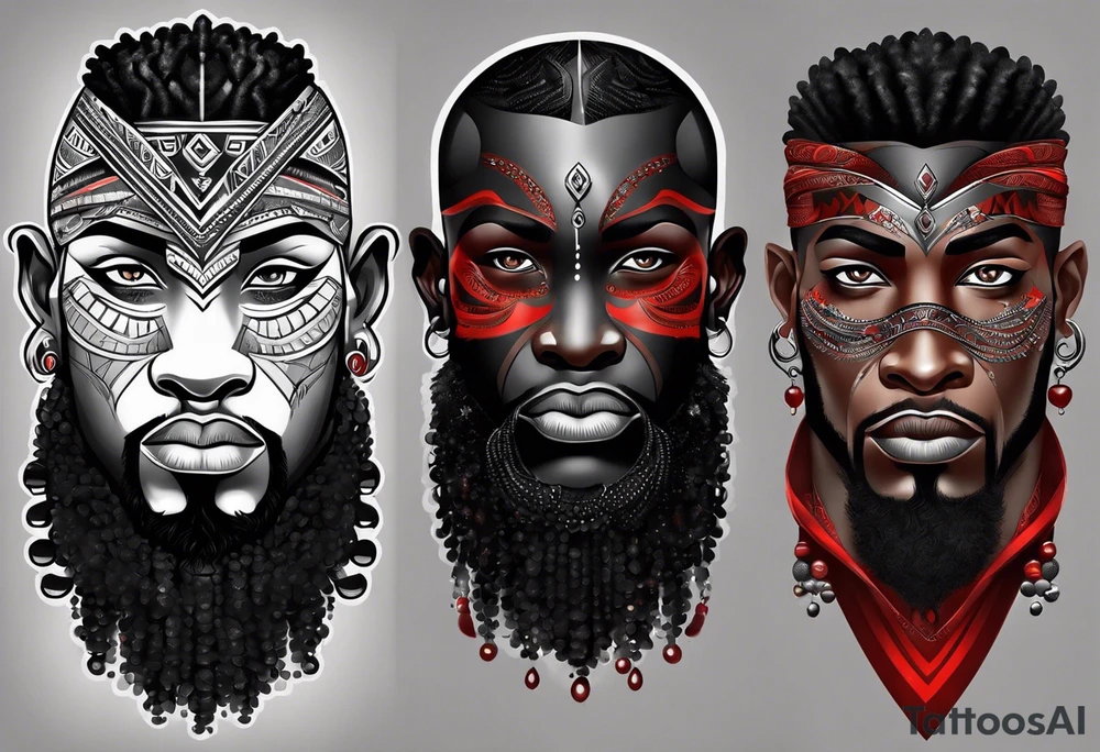homem divindade africano realista em preto e cinza com os olhos brancos e fundo com tons de vermelho usando na mão um falo com cabaças penduradas tattoo idea