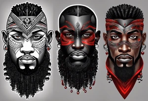 homem divindade africano realista em preto e cinza com os olhos brancos e fundo com tons de vermelho usando na mão um falo com cabaças penduradas tattoo idea
