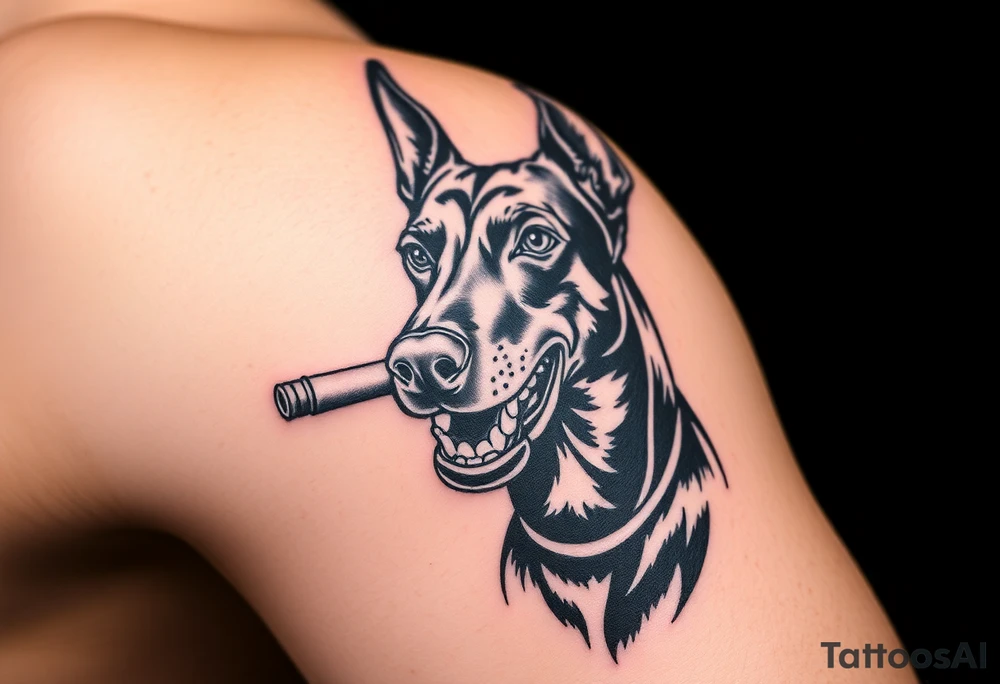 Doberman with a ciggaret in mouth with a gun tattoo idea