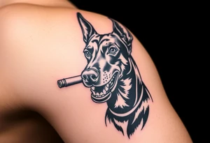 Doberman with a ciggaret in mouth with a gun tattoo idea