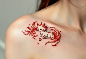 A white kitsune (fox spirit) with red markings and nine flowing tails edged in gold. tattoo idea