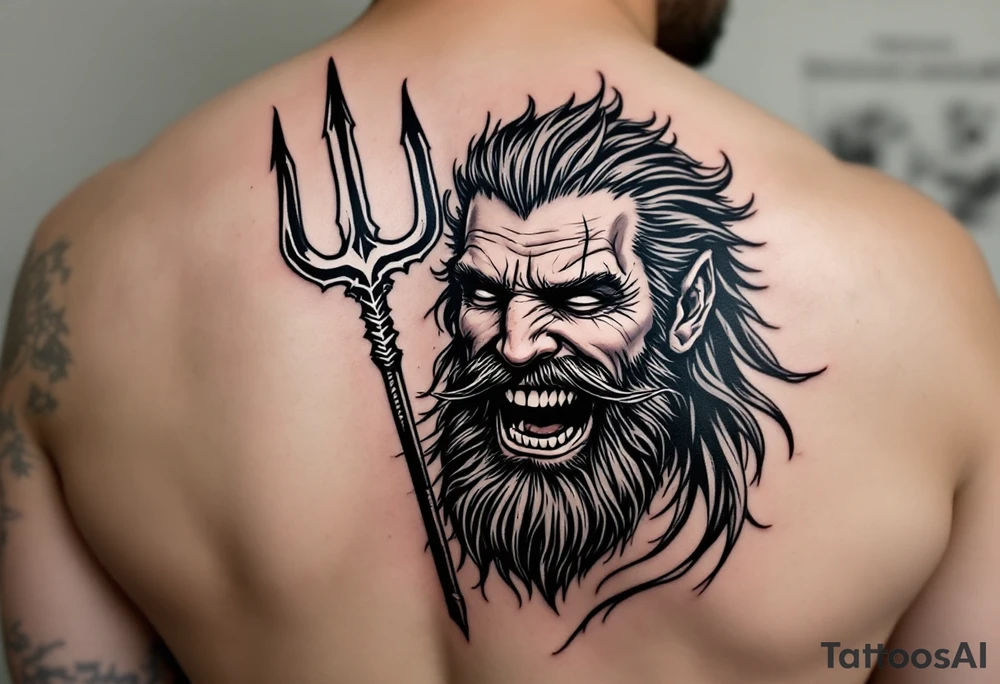 laughing poseidon, behind a trident, looking at his nose tattoo idea