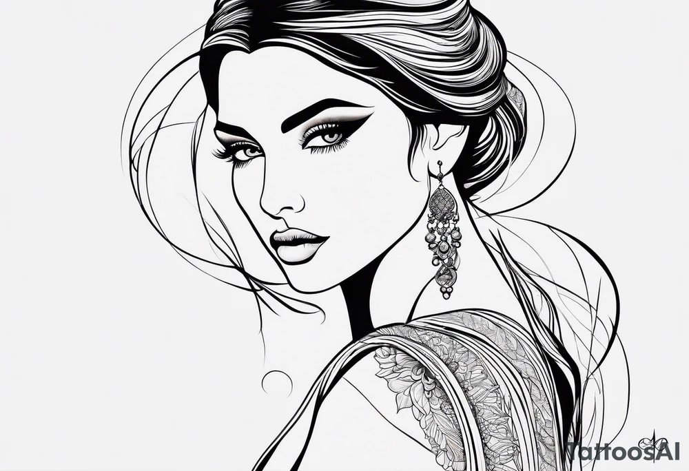 a line tattoo style design of a beautiful woman. The design features elegant lines that capture the essence of the woman’s features and form. It’s set against a white background, emphasizing the clean and minimalistic approach of the line art. The design focuses on the contours and shapes, creating a striking visual piece. tattoo idea