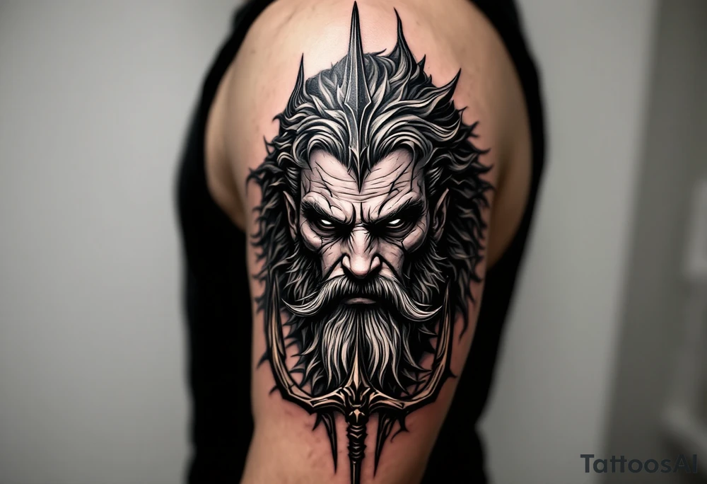 close-up realistic poseidon behind a trident tattoo idea