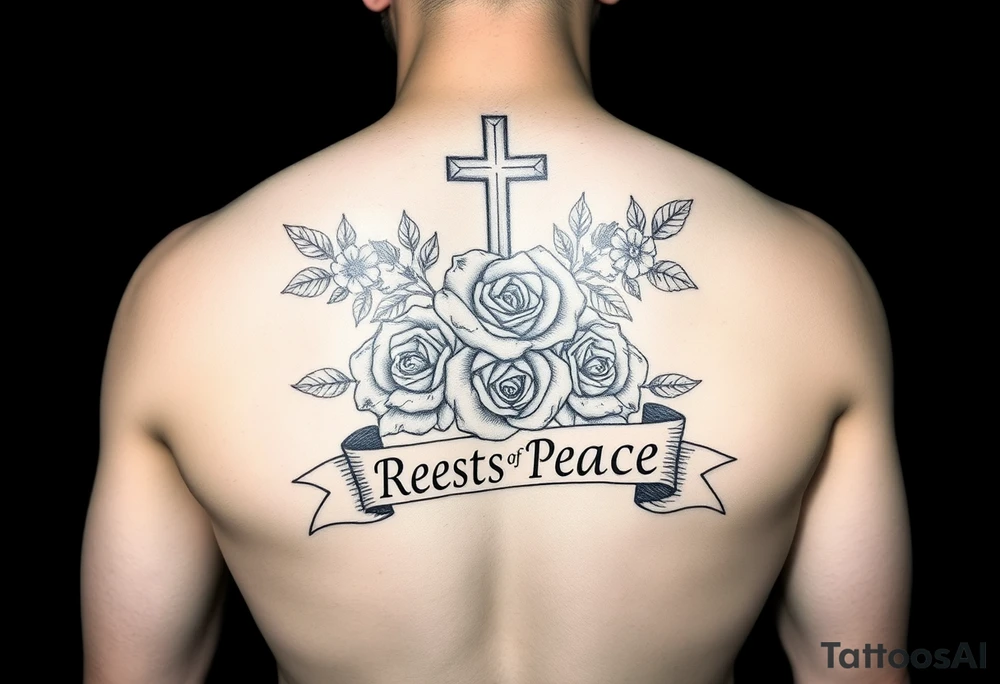 Hip hop religious rest in peace with roses and a banner for a name full sleeve tattoo idea