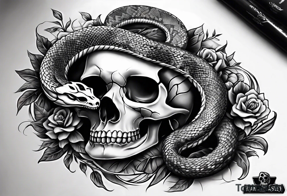 Snake intertwined into a realistic skull tattoo idea