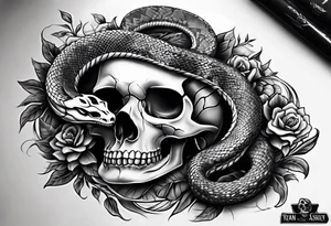 Snake intertwined into a realistic skull tattoo idea