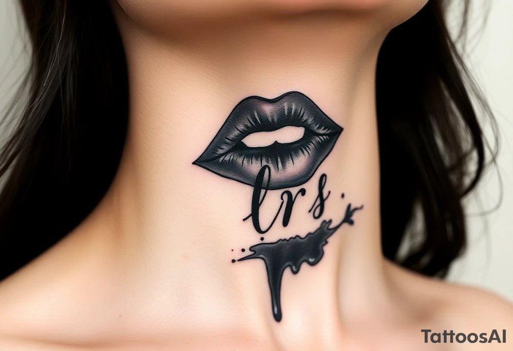 Seductive Stain from lipstick kiss with name lrs lowercase with drool black and white no teeth showing tattoo idea