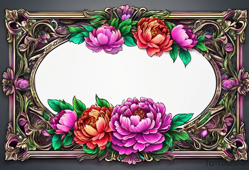 neon colorful peonies,neon colored, surrounding on the outside of a empty beautiful intricate rounded victorian style empty picture frame with filigree tattoo idea