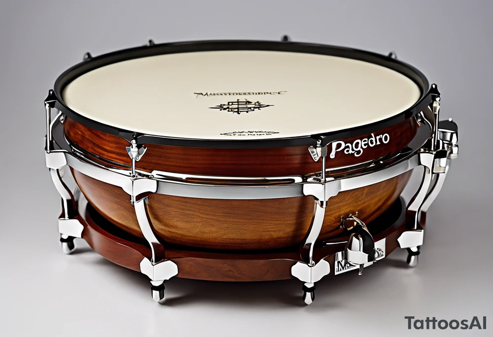 A pandeiro, a traditional Brazilian percussion instrument from pagode music, with the lyrics 'Se alguém perguntar por mim' integrated into the design. The image should evoke a sense of freedom and wandering, as it represents my love for samba and my journey through different countries. The pandeiro should be the central element, with flowing musical notes surrounding it and the lyrics curving around in a handwritten style, all designed to fit as a leg tattoo. Preferably in black and white. tattoo idea