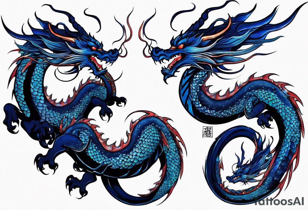 An epic floating asian dragon. Its long body coiling dynamically, with scales and horns detailed to create a sense of movement and strength. The dragon's main color is midnight blue, giving a vibrant depth and a mystical aura. This tattoo highlights the dragon’s fierce expression and sharp claws. tattoo idea