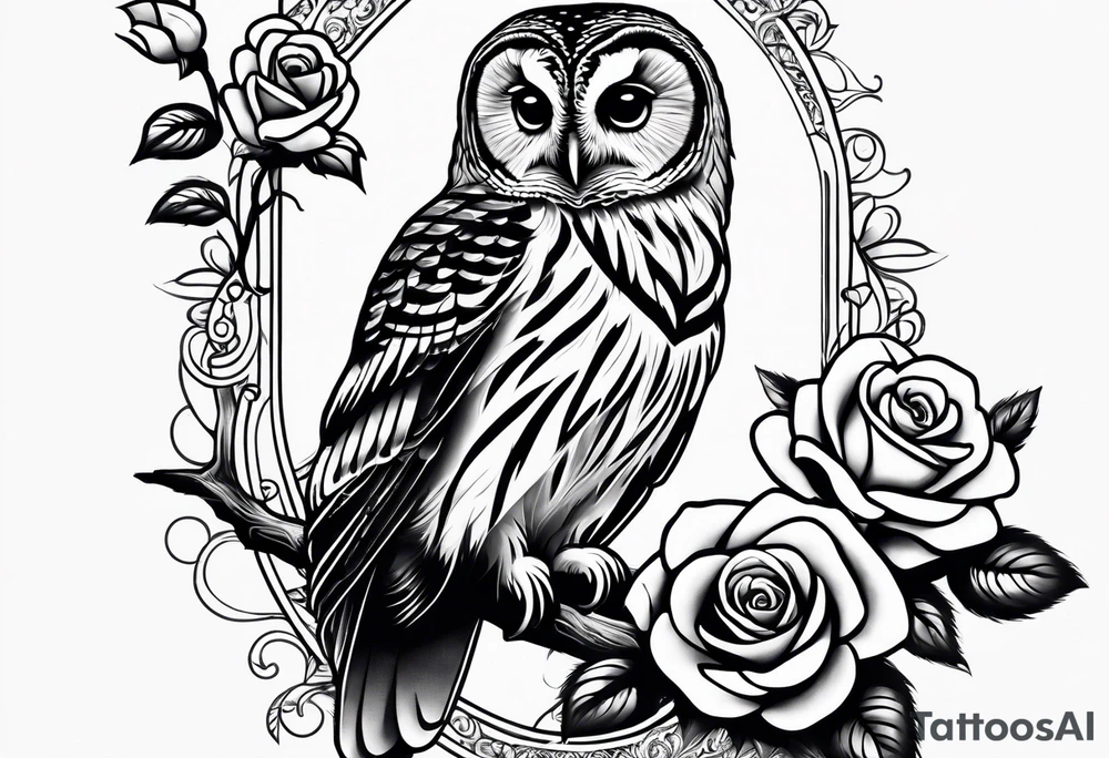 Barred owl holding a rose and a heart tattoo idea