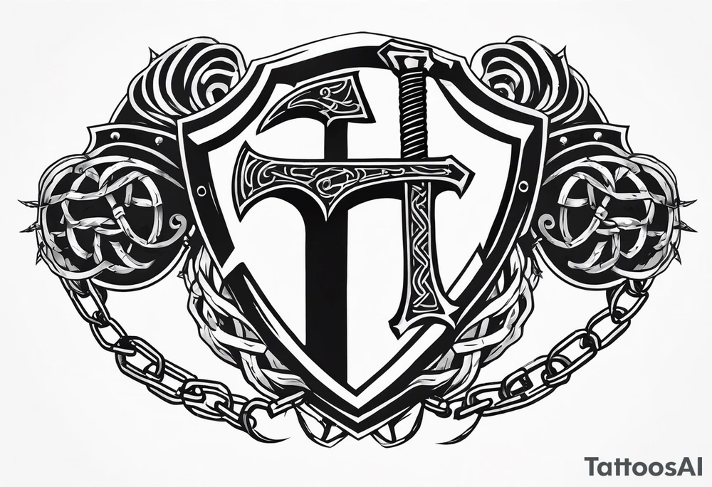 Valhalla round shield axe barbed wire chains tattoo idea