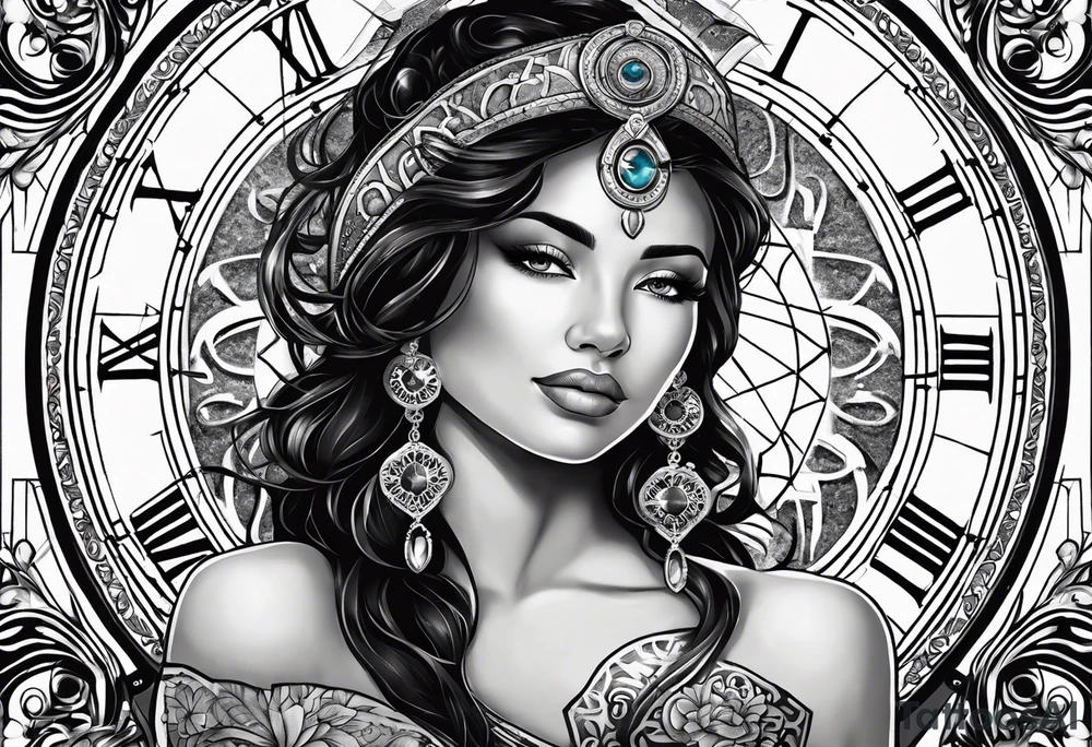 Hispanic/ Latin goddess, love, forgiveness, strength, peace, cancer zodiac time, past, future, clock tattoo idea