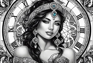 Hispanic/ Latin  goddess, love, forgiveness, strength, peace, cancer zodiac time, past, future, clock tattoo idea