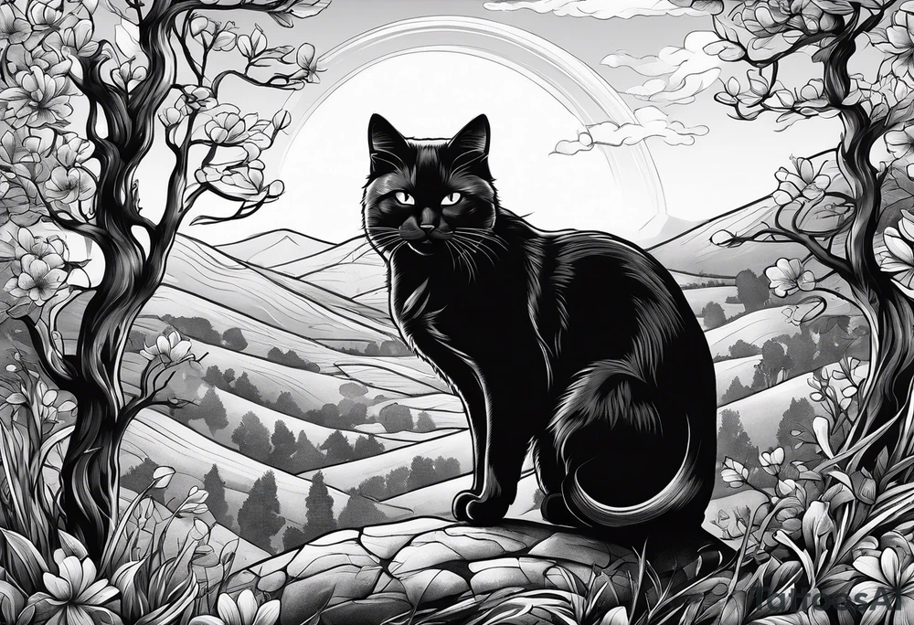 black cat on the hill tattoo idea