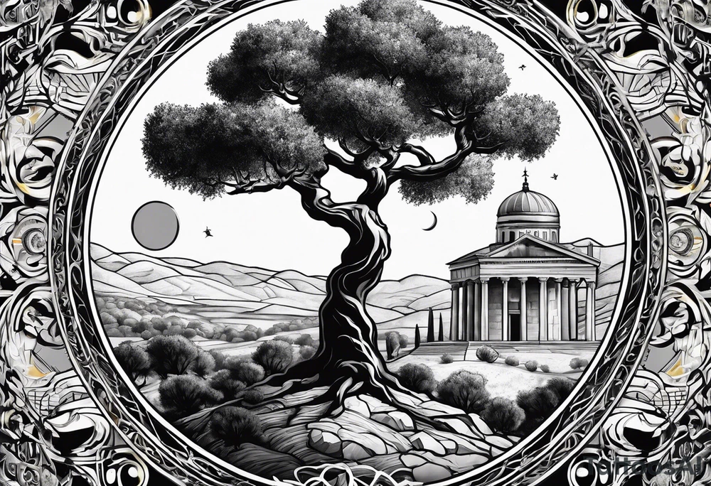 An olive tree surrounded by a circle with Saturn and the Babel tower in the background. tattoo idea An olive tree surrounded by a circle with Saturn and the Babel tower in the background. tattoo idea