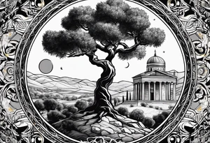 An olive tree surrounded by a circle with Saturn and the Babel tower in the background. tattoo idea